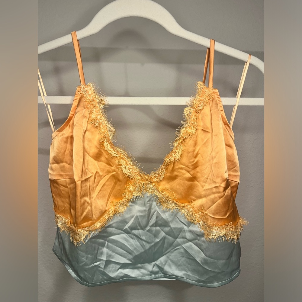 Steve Madden Satin Lace Cami Tank Orange Blue Womens Size Large Spaghetti Strap